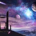 colorful night sky with planets, ships and a sillouette of tall buildings in the foreground