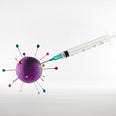 Vaccine needle injecting a model of a virus.