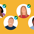 Cartoon drawn images of circular team profile pictures on yellow background.
