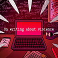 Illustration of a laptop surrounded by knives, in red colors, with the title of the essay in the middle of the drawing.