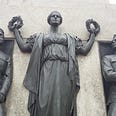 Photograph, by author, of the All Wars Memorial to Colored Soldiers and Sailors, Philadelphia, from 1934, showing Black American soldiers and sailors, in bronze, looking at a female figure of Justice holding laurels.
