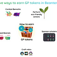 Infographic on the five ways to earn GP tokens: By combating Bemoths, breeding Beanels, crafting relics, sponsoring scholars, and performing eco-friendly actions