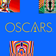 Blue header banner with psychedelic statuette graphics. Centered is the Oscars logo in gold lettering