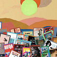 A collage of all of the books mentioned in the listicle, superimposed over a few Etel Adnan paintings.