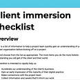 Screengrab of the free to use and share client immersion checklist