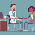 Cartoon of a nervous Black woman sitting across a white male doctor’s desk
