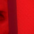 Close up of an eye picking through an ajar door. The whole picture is red.