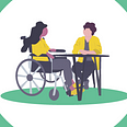 In illustration showing two people sitting at a table talking. the person on the left is in a wheelchair. On either side of the people are several icons including a hand holding a heart, a book, three people, a checklist, a gavel and a person with a shield in front of them.