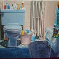A photorealistic acrylic painting of a typical, if slightly cluttered, home bathroom with a blue toilet and bathtub.