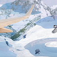 A collage featuring snowy mountains beneath the wing of a plane, with two chicadees flying behind.