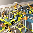 Colorful illustration of an automobile assembly line.
