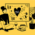 An illustration of a woman in front of ‘self-love’ graph. She’s drinking wine and reading self-help books.