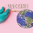 Johnson & Johnson’s COVID Vaccine syringe inoculating the planet earth over pink background.