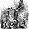 A black and white illustration of people offering a baby as a sacrifice to a bulheaded burning idol.