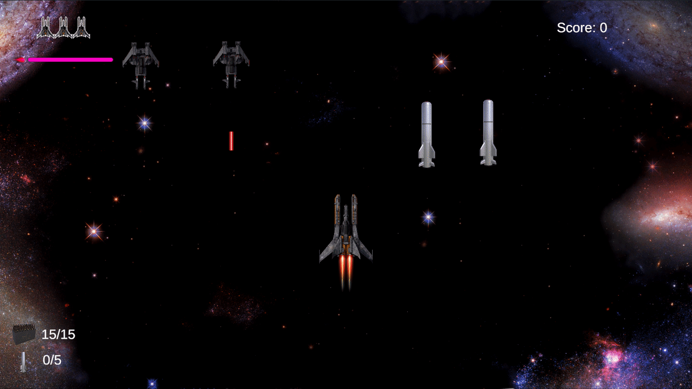 Showing staged gameplay of the homing missile working and gaining extra points if they don’t use the missiles and collect a new stack of them.