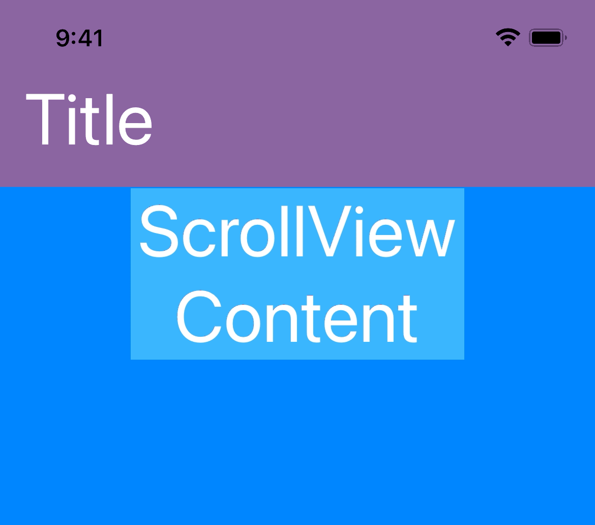 An animation of an iOS UI. At the top is a translucent purple title bar with the text “Title”. Behind and below is a blue scrollable content area with the text “ScrollView Content”. The scrollable content is rubber band bouncing up and down with the content text coming to rest exactly below the title bar.