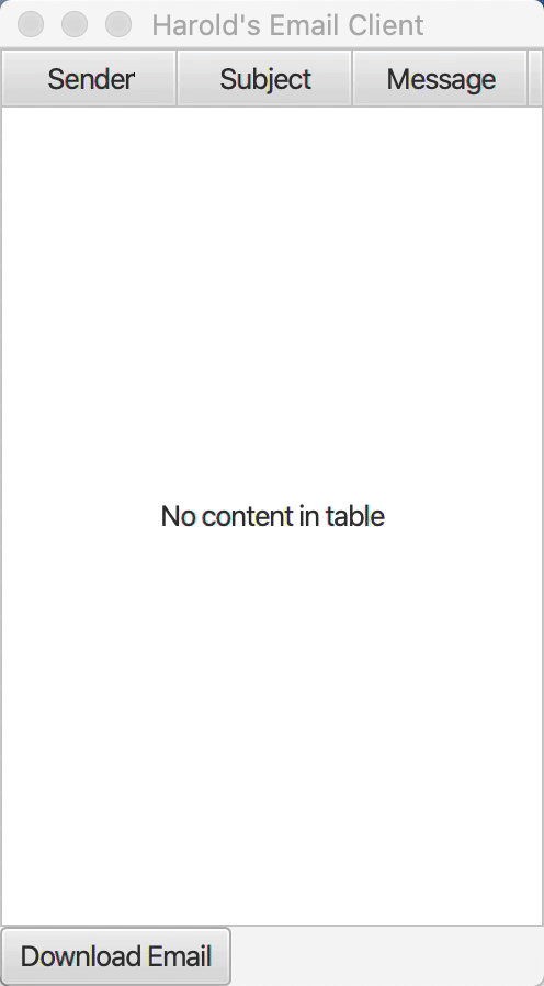 An animated image of the application. The button to download emails is pressed, and the application freezes. Clicking on the table column headers does nothing. Once the preset three-second delay has elapsed, the application unfreezes and responds to user input.