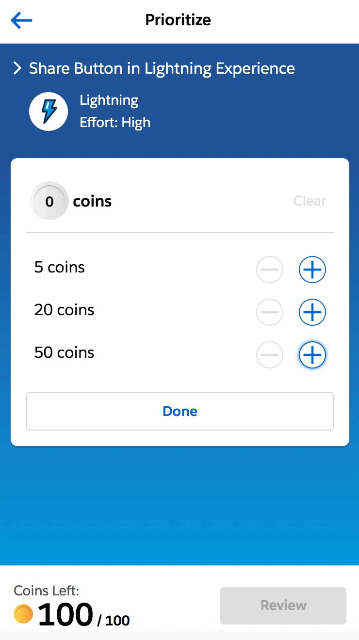 Idea prioritization panel on mobile with idea name, category, effort, coin count, and add and remove coins buttons.