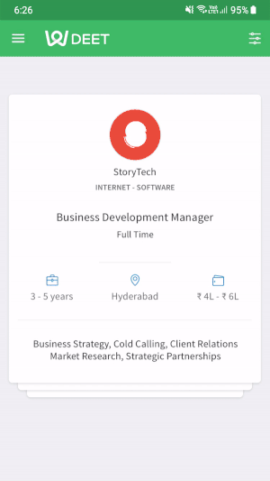 Process to apply for the Job on DEET - swipe Right on the Job you want to apply for, or swipe left otherwise.