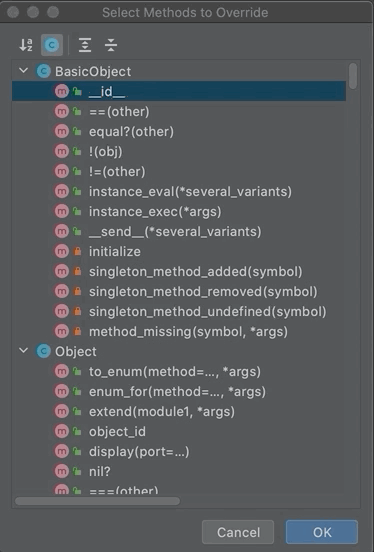A gif showing a long list of possible overridable method names according to RubyMine.