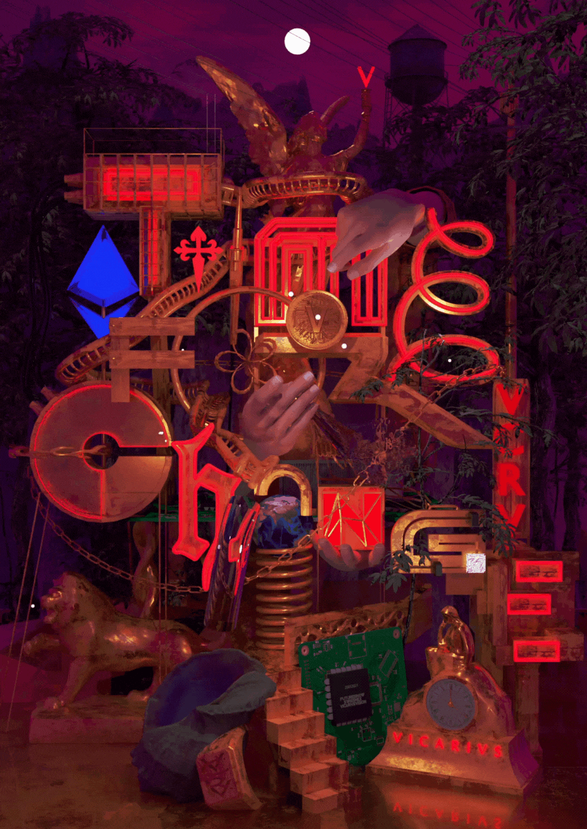 An NFT art-piece by Robert Zumkeller, titled “Time for Change,” commissioned by Swissnex. The animated GIF has many small components moving around, with “Time for Change” written in big letters across the main part of the image.