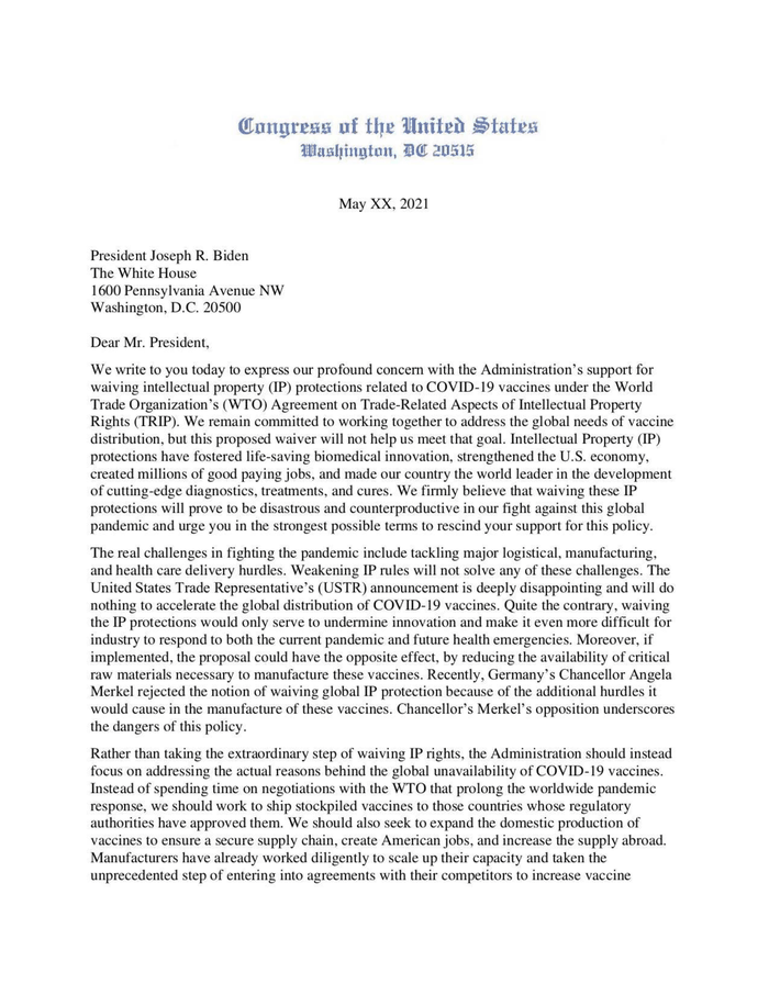 Unreleased letter from GOP lawmakers to Biden opposing the covid vaccine patent waiver.