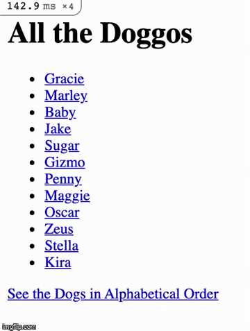 animated demonstration of reloaded index page with dogs in alphabetical order