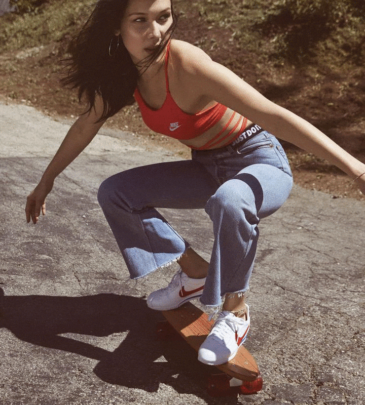 Bella Hadid wearing Nike Cortez sneakers