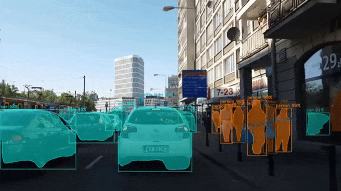 GIF of traffic through the eyes of AI technology.