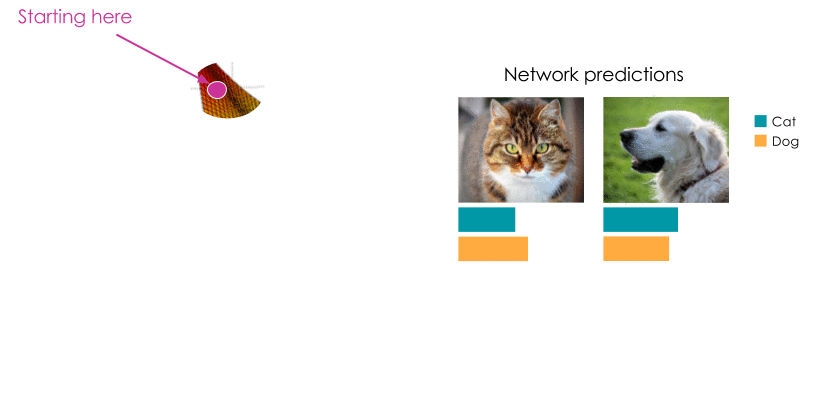 An animated gif showing arrows descending the landscape towards the lowest point, while the network prediction improve