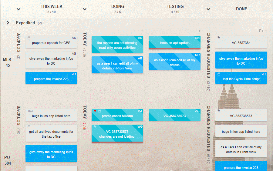 Different team members’ are timing their work on a Kanban Tool board.