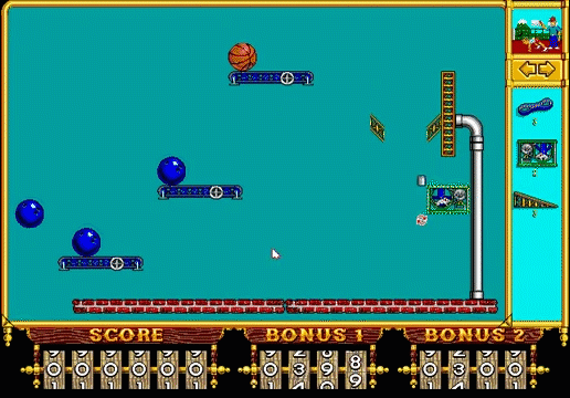 A curser moves objects around on a screen to form a contraption in the video game the incredible machine