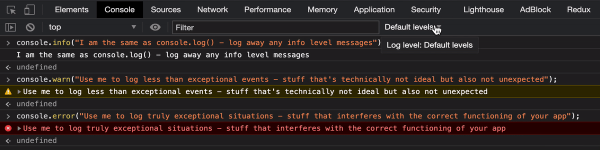 Console dropdown filtering different log levels