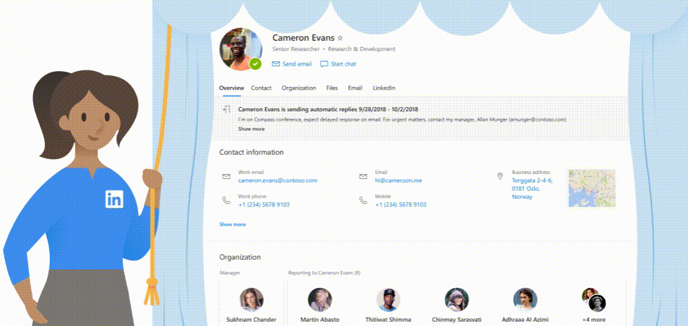 A screenshot of how we incorporated the LinkedIn branding onto the Microsoft People card.