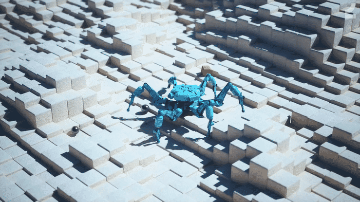 The robot is walking uphill and gets hit by multiple heavy boxes, pushing it backwards.