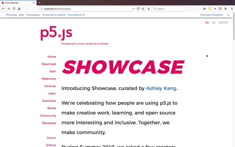 A gif of the new Showcase page on p5s.org, scrolling through the featured projects.