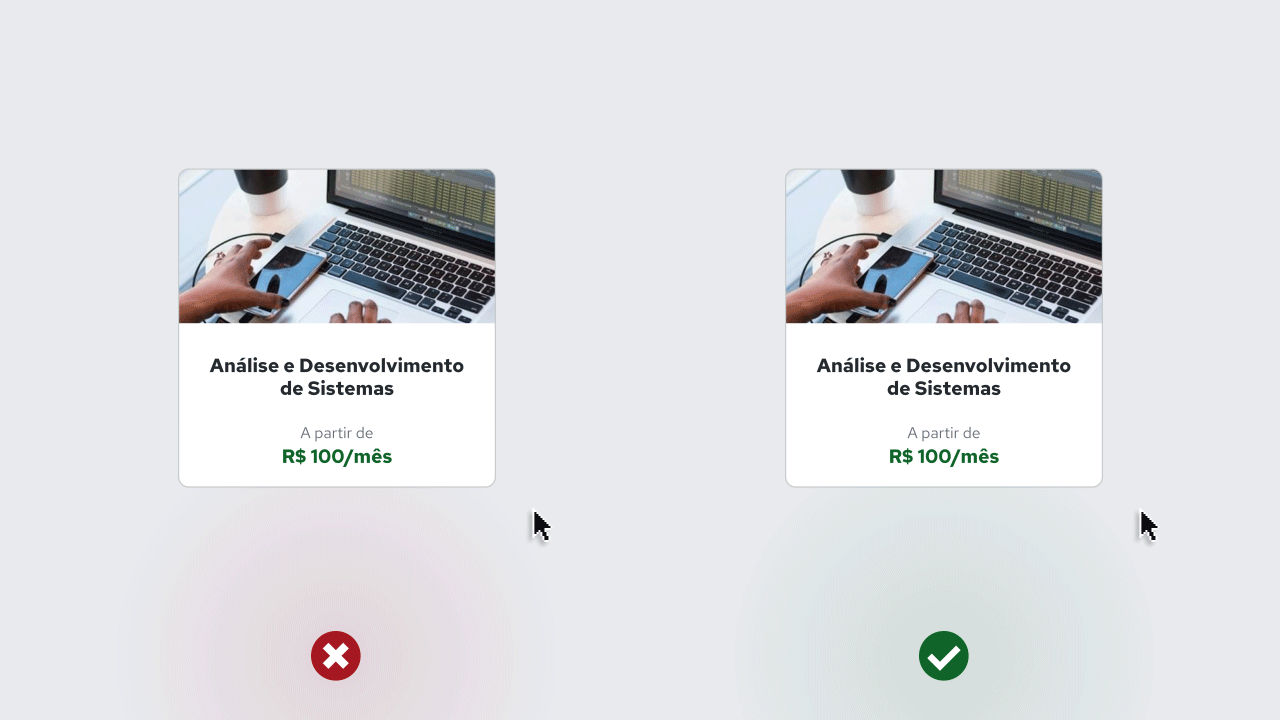 Com relação a interatividade, o exemplo incorreto mostra uma animação do cursor interagindo com um card inerte