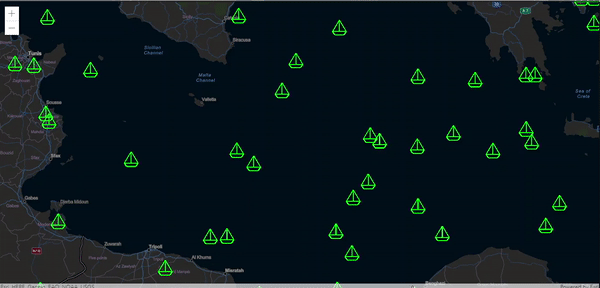 Moving green boats on the map of the world, each boat moves in a different direction.