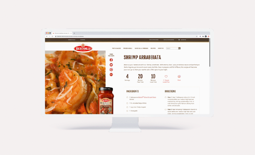 Animated GIF of newly designed Bertolli.com recipe page experience.