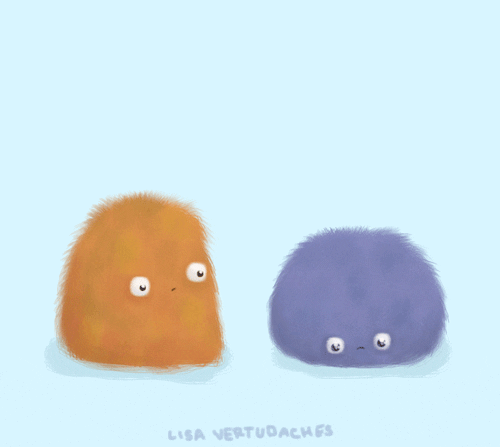 animated gif of fuzzy anthropomorphized balls of orange and purple giving a hug