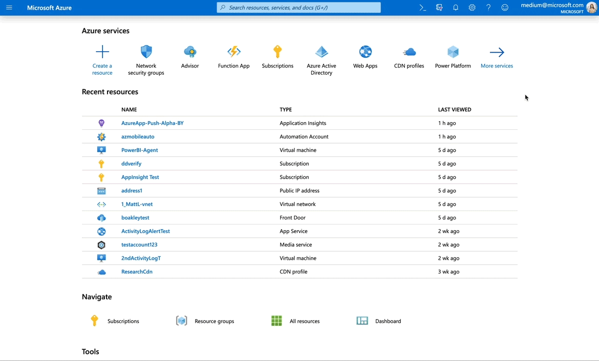 A gif that shows how, after accessing a service, it appears in the top row of the Azure home page.