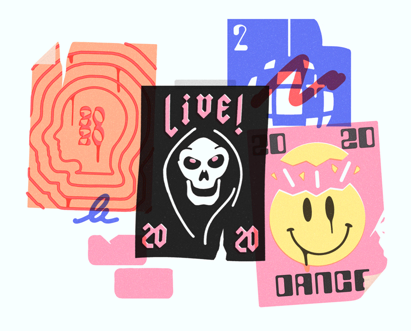 Illustration of various live concert flyers. Each concert poster has “2020” featured prominently.