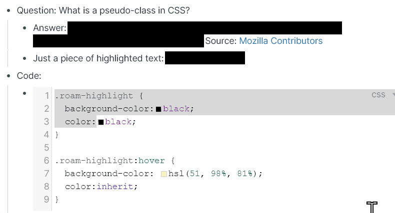 CSS code showing the use of #tag to blackout and display again on hover the following highlighted text