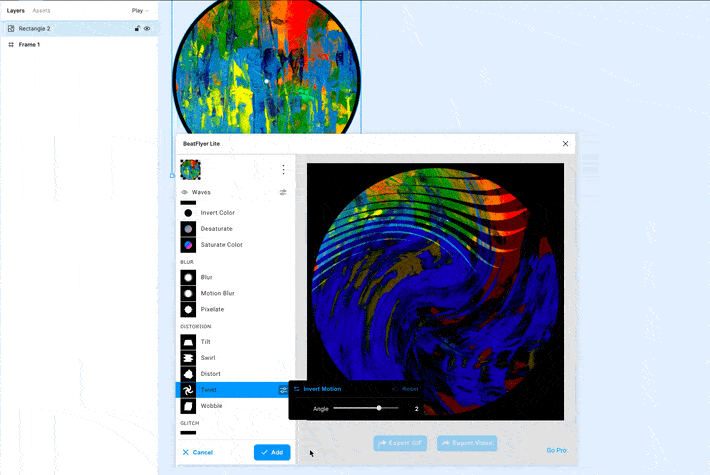 A screen recording of adding effects to layers by running a plugin called “beatflyer lite”