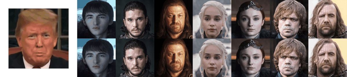 a deepfake gif where president trump’s facial expressions are copied by multiple game of thrones character.