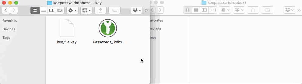 Animation of a user dragging the KeePassXC database file into Dropbox, as an example sync service.