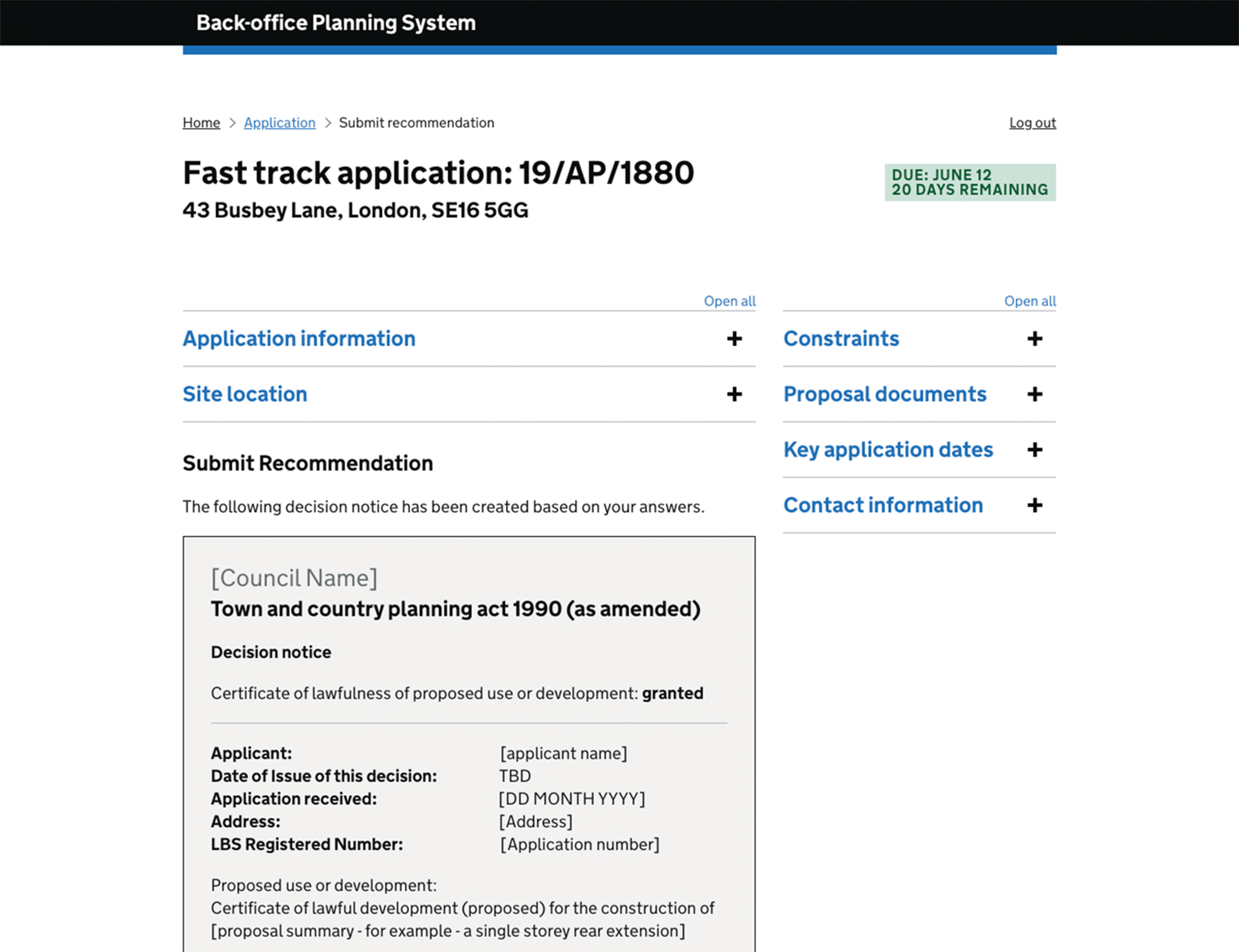 A webpage screenshot with a decision notice and local council’s details.