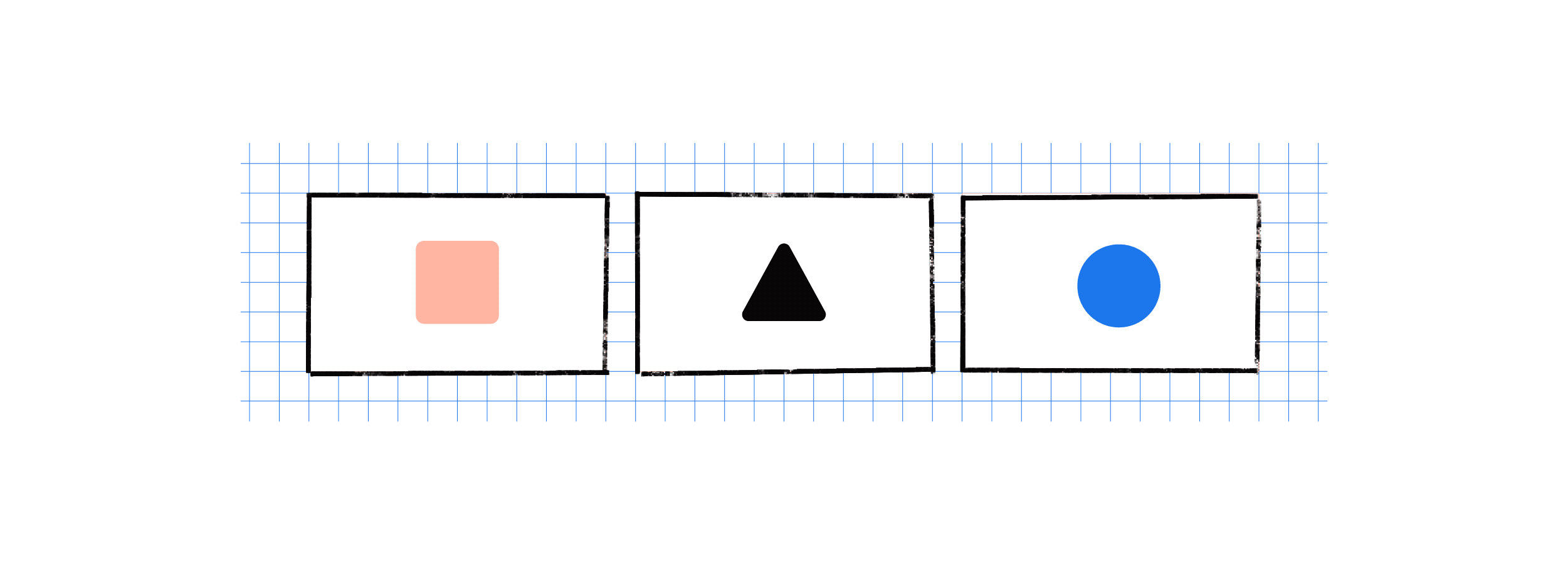 Three cards in a row that contain a square, triangle and circle