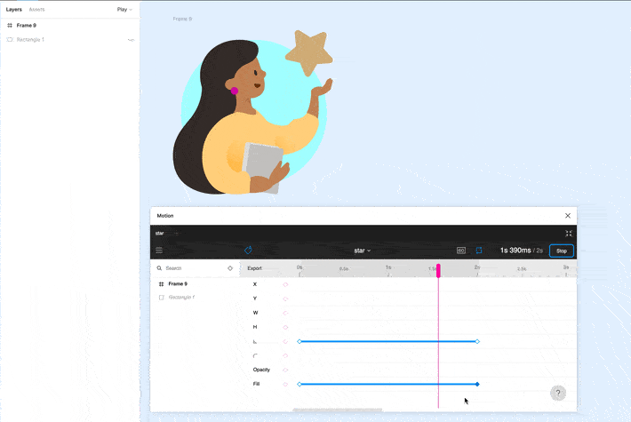 A screen recording of animating an element in a frame by running a plugin called “motion”