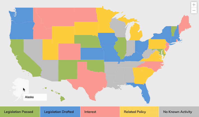 An interactive map of the USA on the Nerds for Earth website displaying soil health legislation categorized by state.